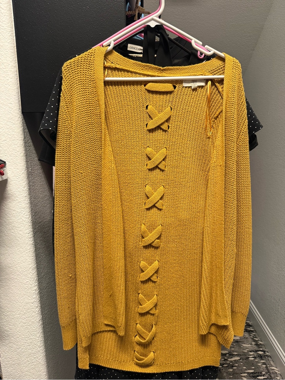 Pinque Mustard Yellow Lace Up Back Sweater Size Medium